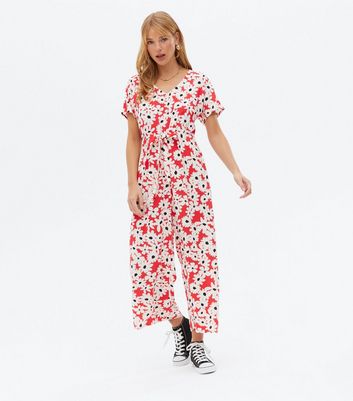 red and white floral jumpsuit