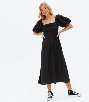 Black Linen-Look Frill Shirred Midi Dress New Look