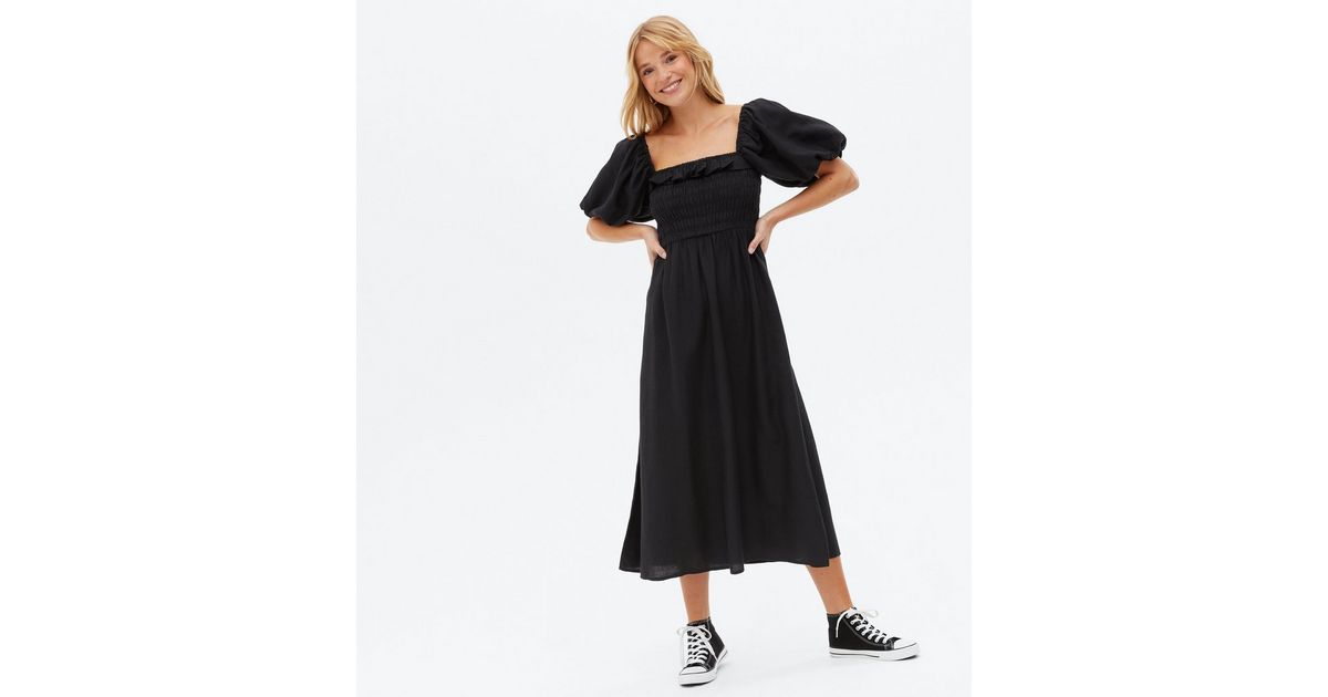 Black Linen-Look Frill Shirred Midi Dress | New Look