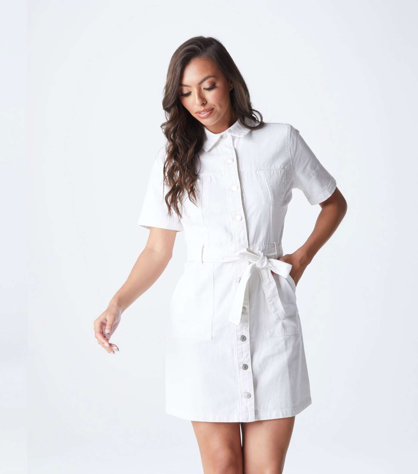 Urban Bliss White Twill Belted Mini Shirt Dress Image 3