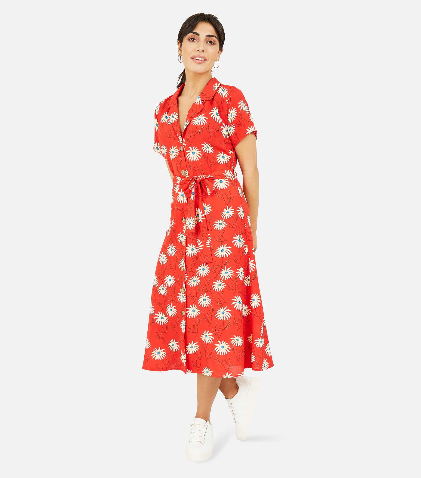 Yumi Red Daisy Belted Midi Shirt Dress Image 3