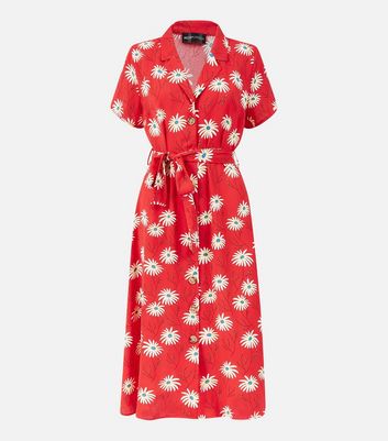 Yumi Red Daisy Belted Midi Shirt Dress New Look