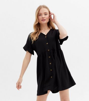 Black Herringbone Button Front Frill Mini Smock Dress New Look