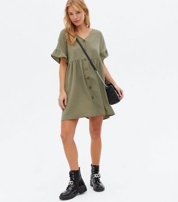 Khaki Herringbone Button Front Frill Mini Smock Dress New Look