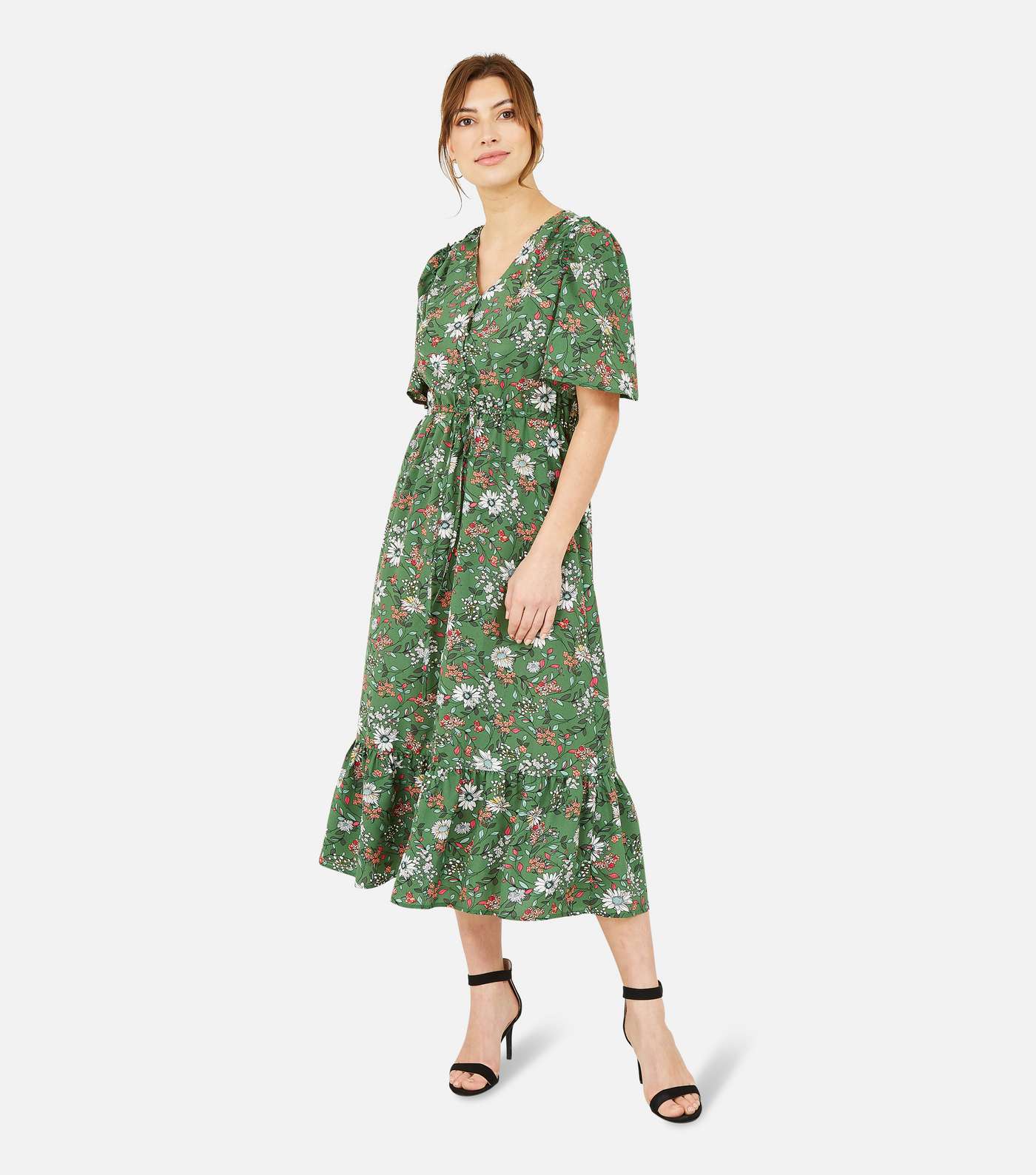 Yumi Green Floral Tiered Midi Dress