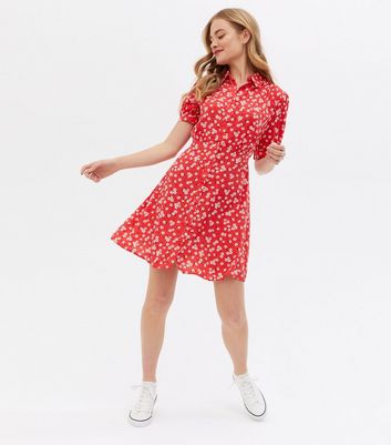 Red Floral Button Front Mini Shirt Dress New Look