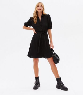 Black Puff Sleeve Tie Waist Mini Shirt Dress | New Look