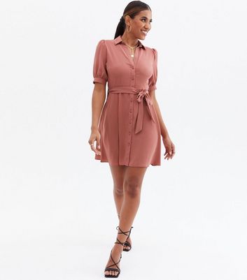 Pink Puff Sleeve Tie Waist Mini Shirt Dress New Look