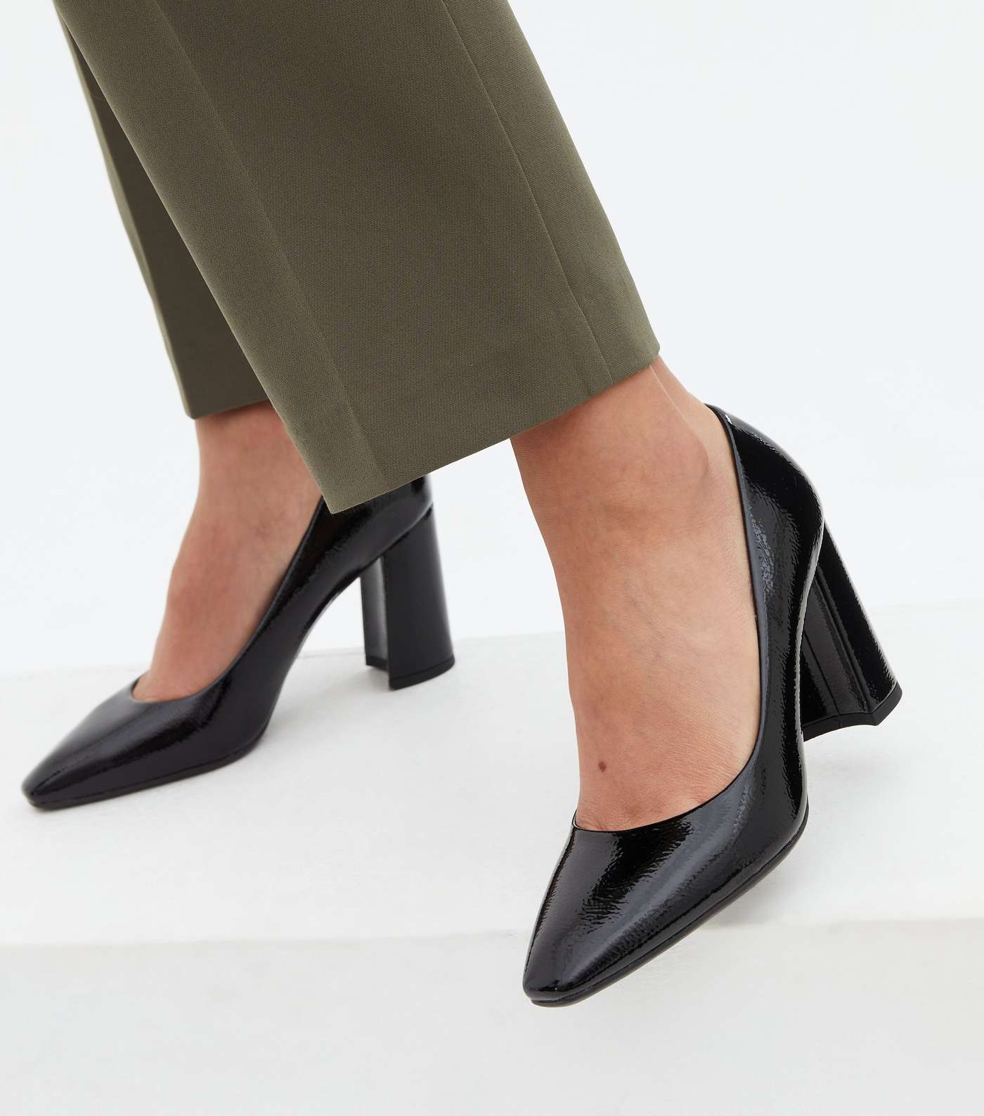 Black Patent Pointed Block Heel Court Shoes Image 2