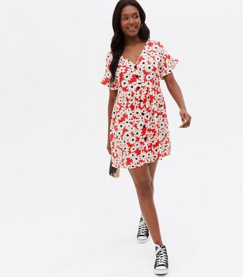 Click to view product details and reviews for Red Floral Button Mini Smock Dress New Look.