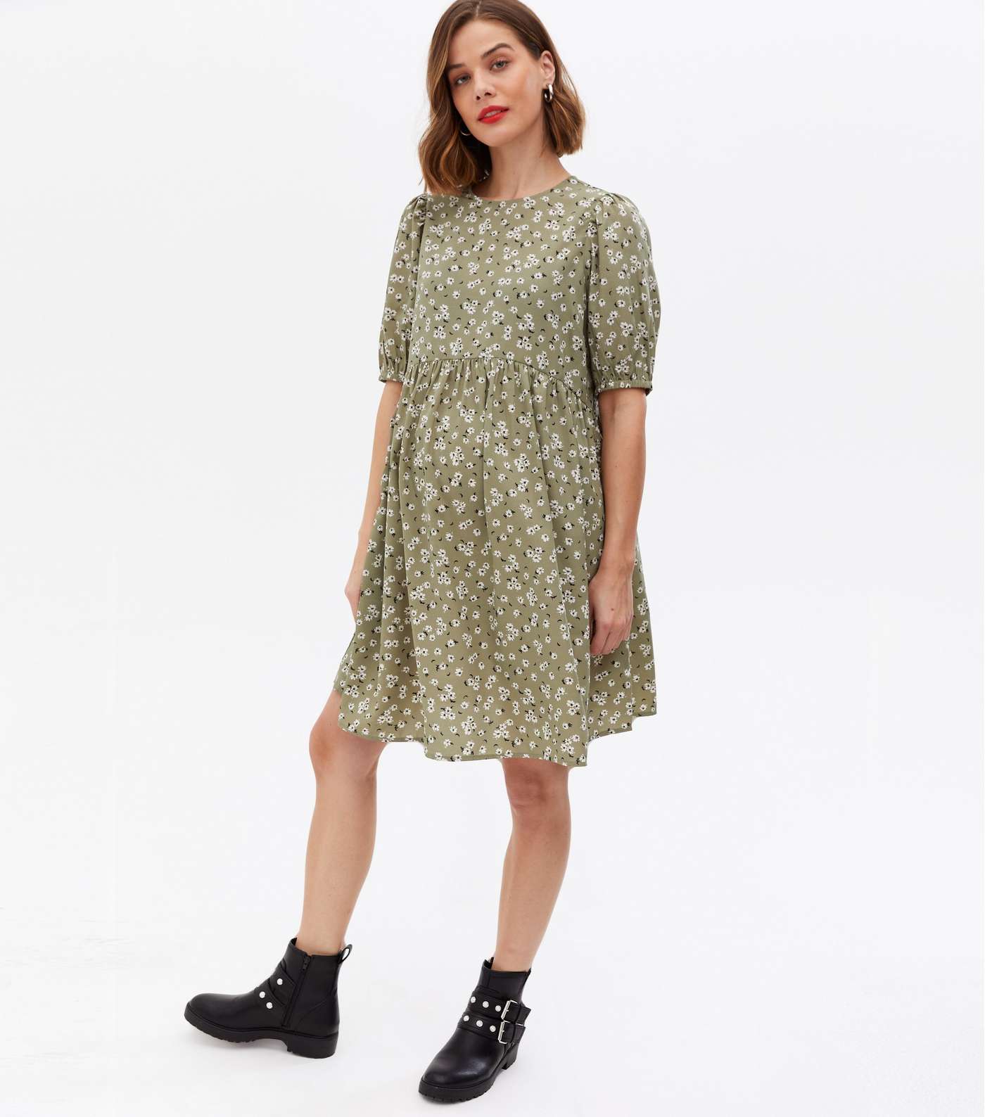 Curves Maternity Green Floral Crepe Puff Sleeve Mini Smock Dress