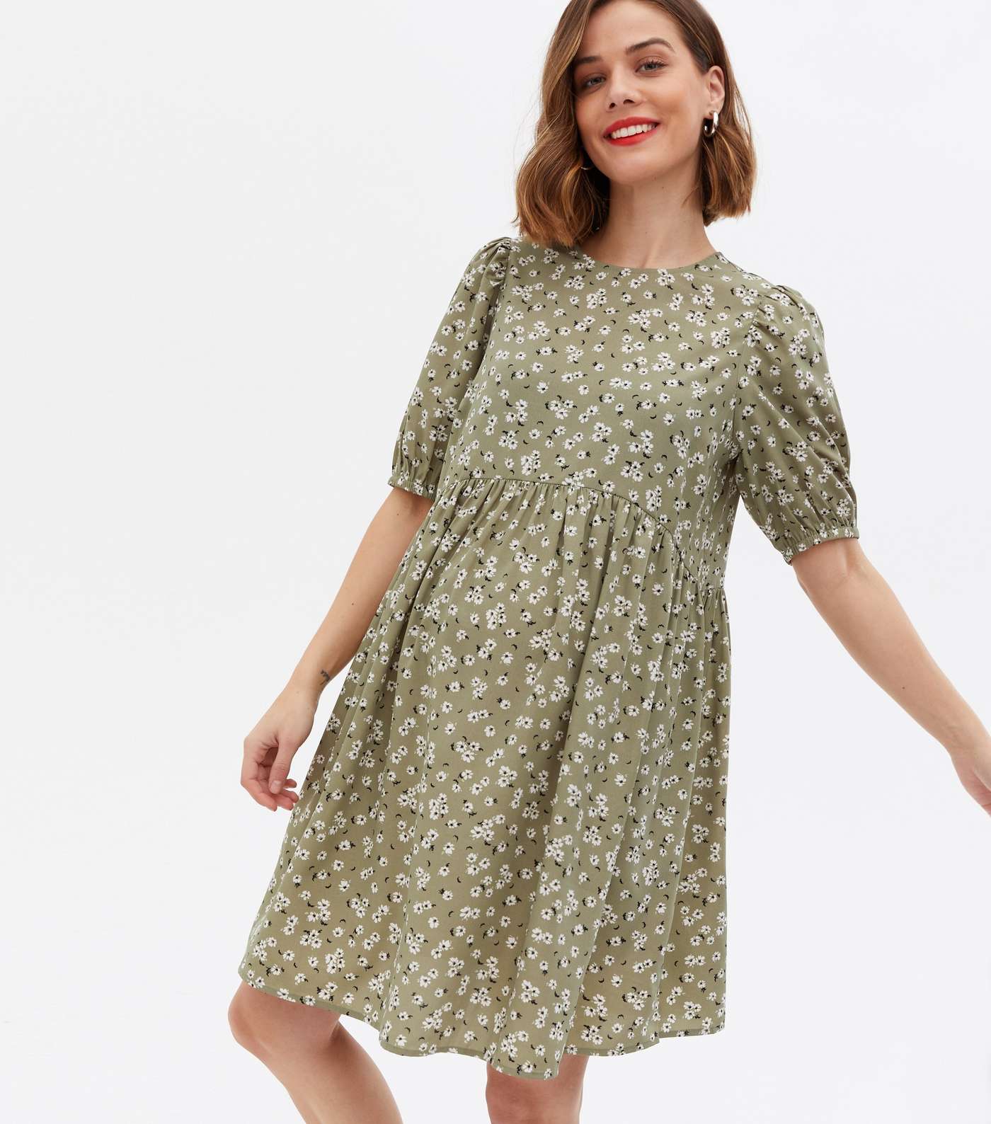 Curves Maternity Green Floral Crepe Puff Sleeve Mini Smock Dress Image 3