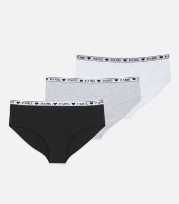 Girls 3 Pack White Grey and Black Paris Logo Briefs