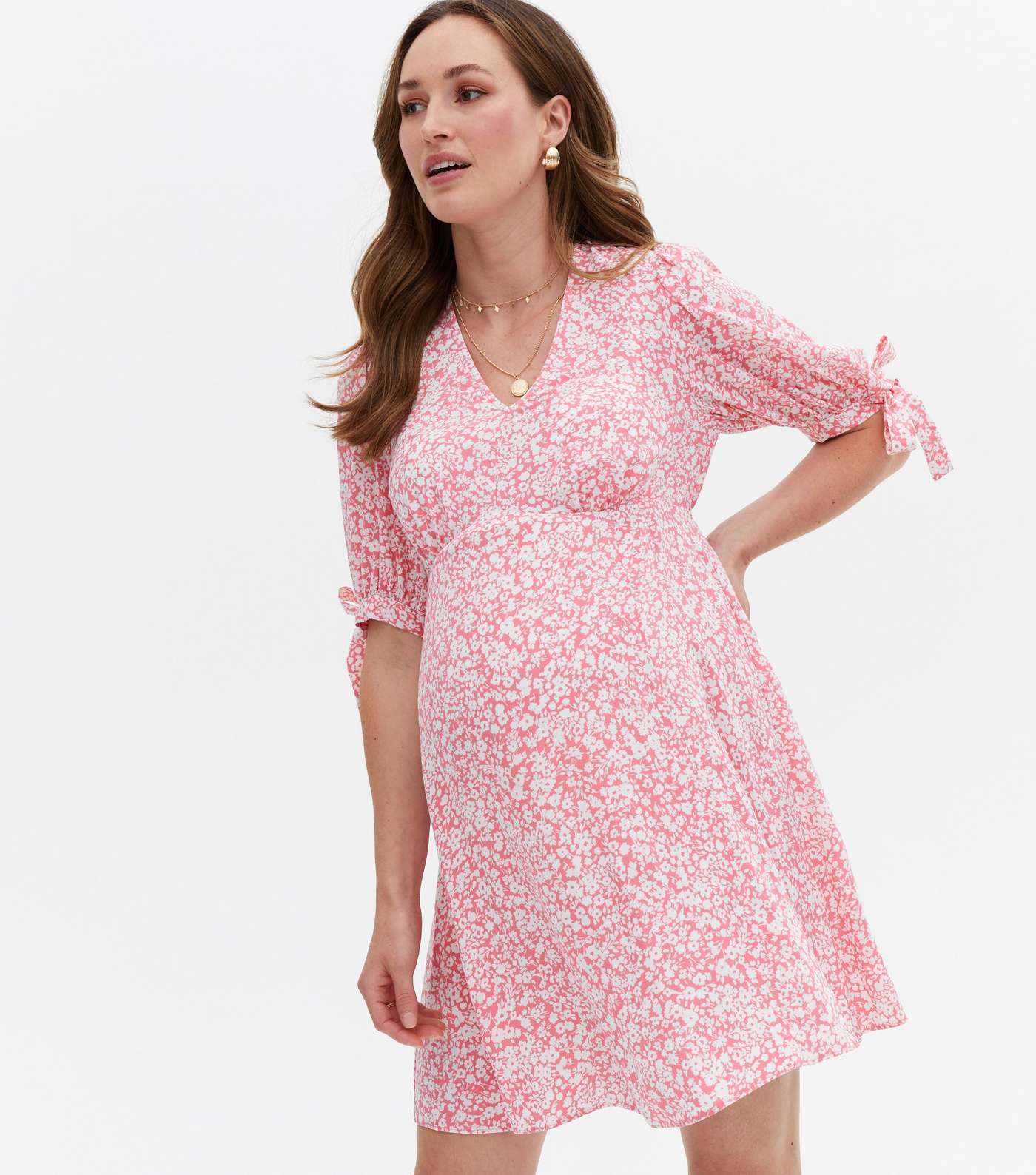Maternity Pink Ditsy Floral V Neck Mini Dress