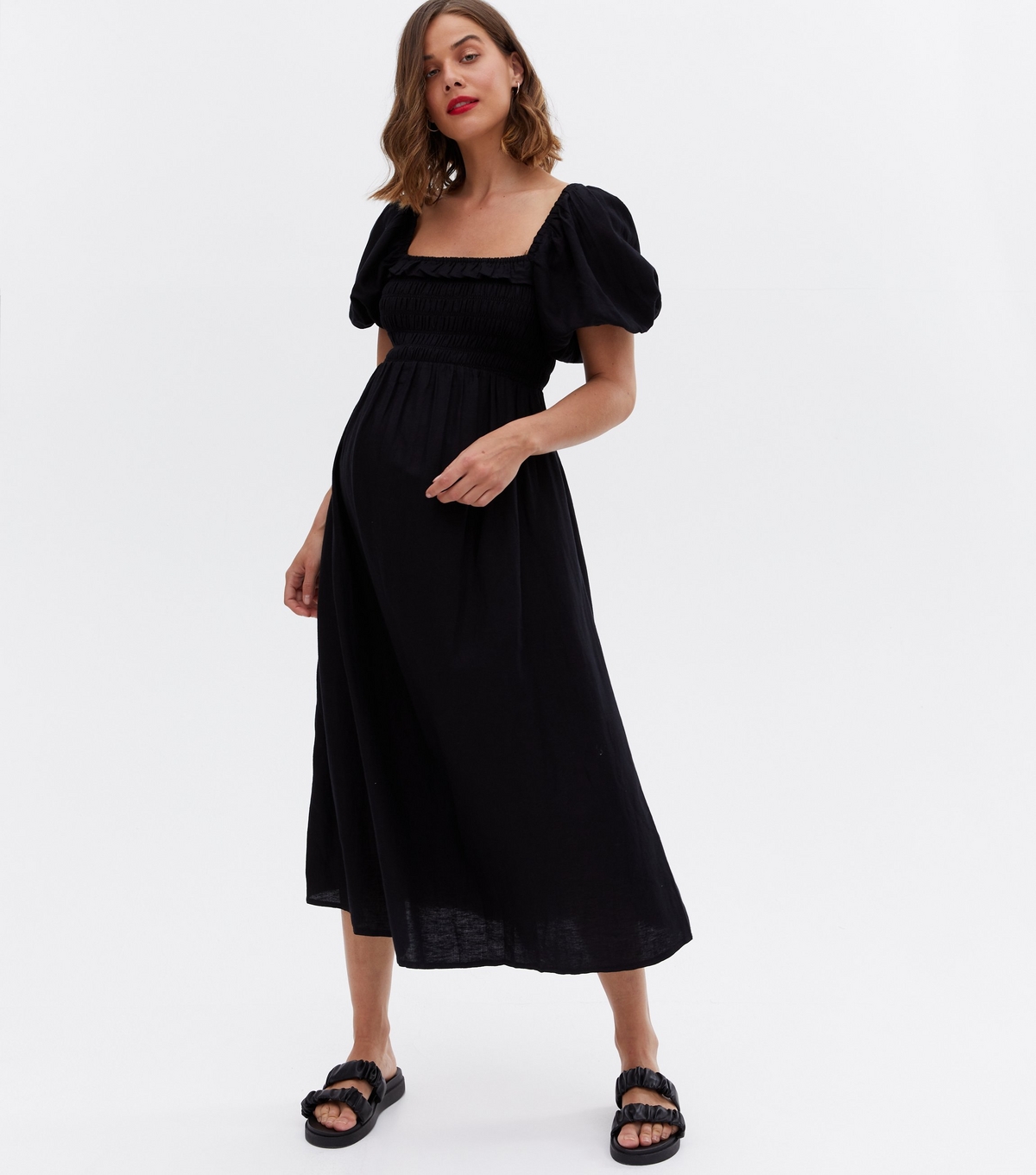 Women's Maternity Black Linen-Look Frill Shirred Midi Dress New Look