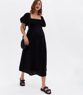 Click to view product details and reviews for Maternity Black Linen Look Frill Shirred Midi Dress New Look.