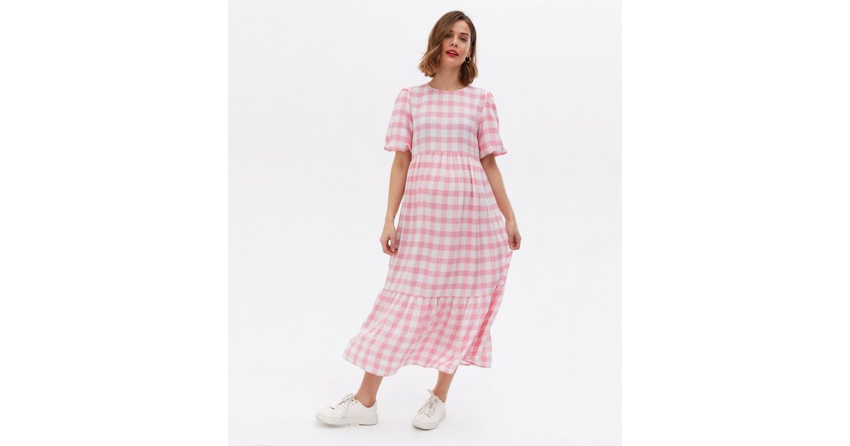 Maternity Pink Gingham Tiered Midi Smock Dress | New Look