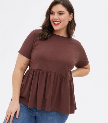 Curves Dark Brown Short Sleeve Peplum T Shirt New Look