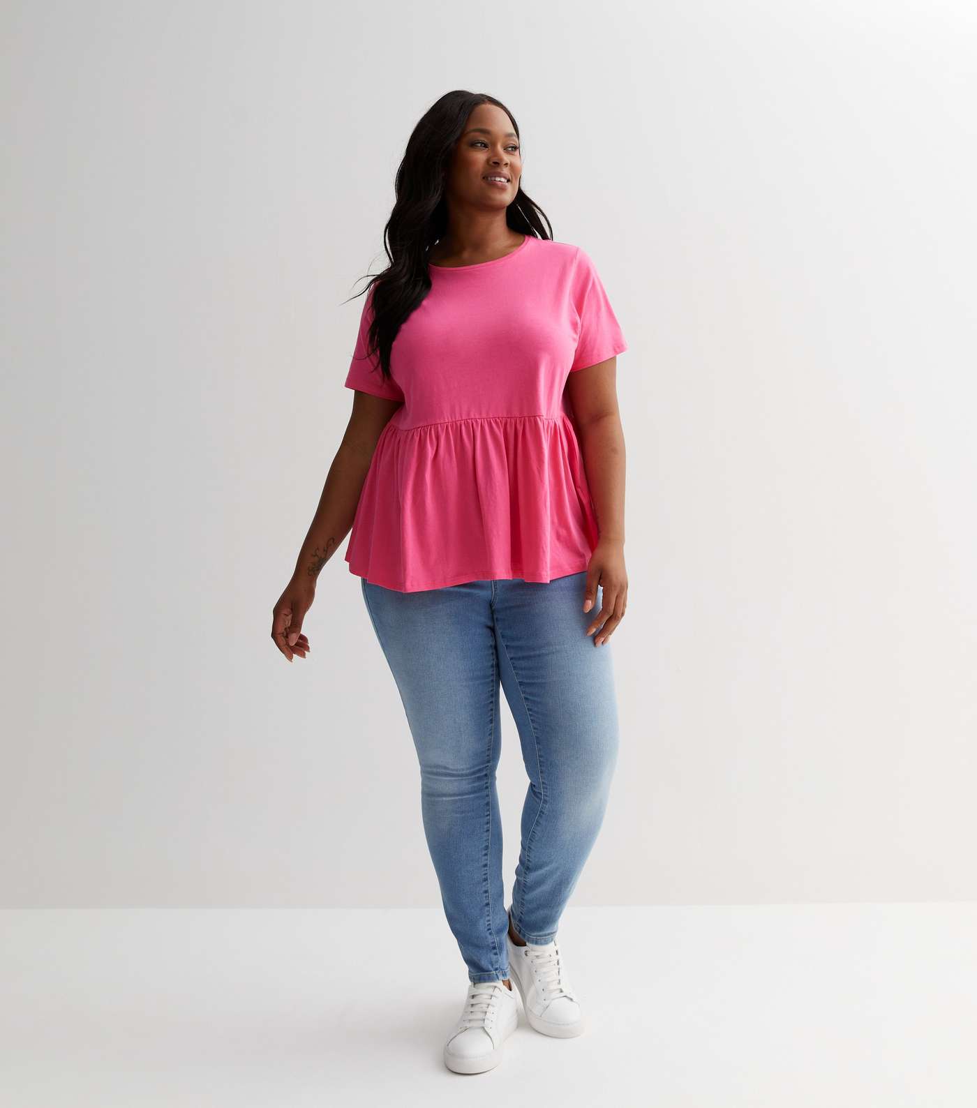 Curves Deep Pink Cotton Short Sleeve Peplum T-Shirt Image 2