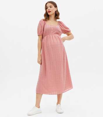 Maternity Mid Pink Check Seersucker Button Midi Dress