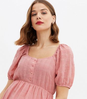 Maternity Mid Pink Check Seersucker Button Midi Dress New Look