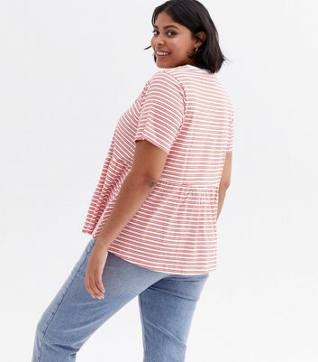 Damen Bekleidung Curves Red Stripe Ringer Peplum T-Shirt