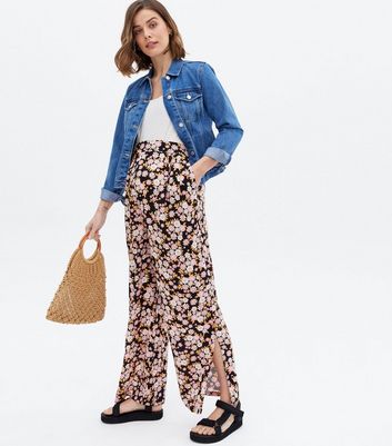 New Look Maternity Split Hem Wide Leg Trouser in Black Retro Floral