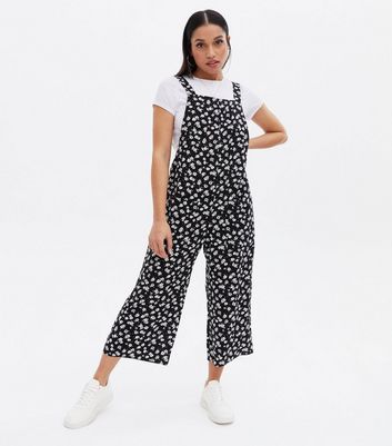 New Look Women's Petite Black Floral Dungaree Wide Leg Crop Jumpsuit - UK 6