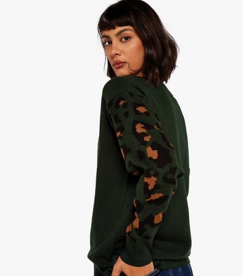 Apricot Green Leopard Print Sleeve Oversized Jumper New Look