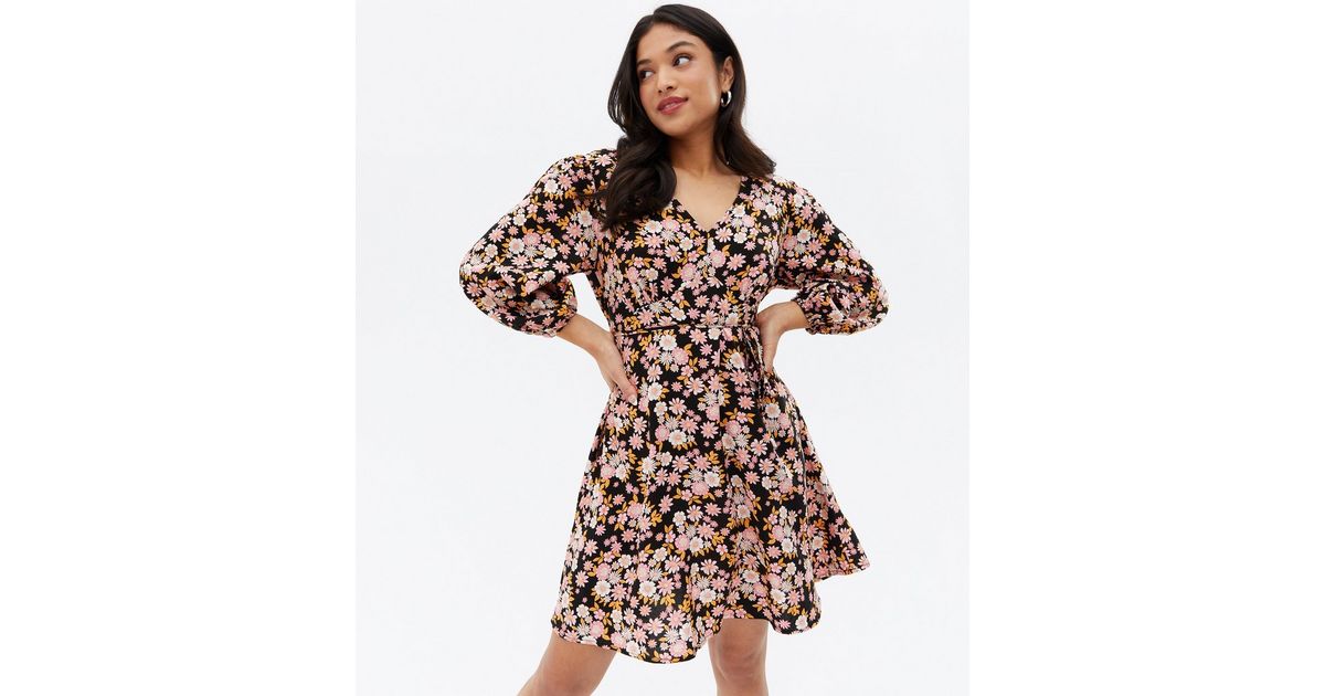 Petite Black Floral Tie Back Mini Tea Dress New Look