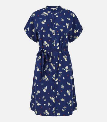 Yumi Navy Daisy Belted Mini Shirt Dress New Look