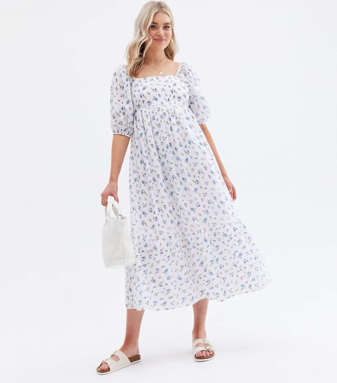Tall White Ditsy Floral Tiered Tie Back Midi Dress