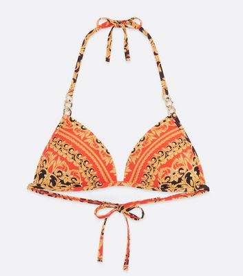 Red Chain Print Moulded Triangle Bikini Top New Look