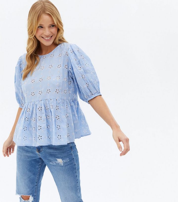 Pale Blue Floral Broderie Peplum Top