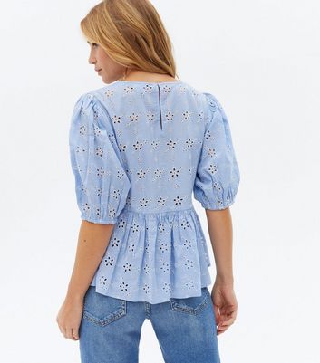 Pale Blue Floral Broderie Peplum Top New Look