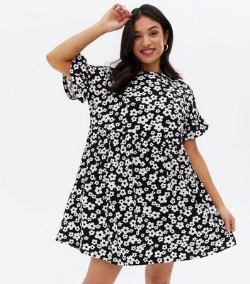 Petite Black Floral Jersey Frill Mini Smock Dress New Look