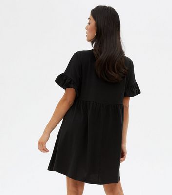 Petite Black Jersey Frill Mini Smock Dress | New Look