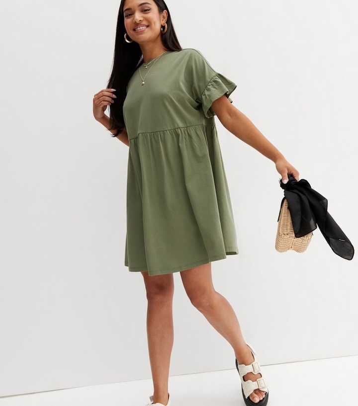 Petite Green Jersey Frill Mini Smock Dress | New Look
