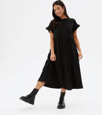 Petite Black Jersey Frill Tiered Midi Smock Dress