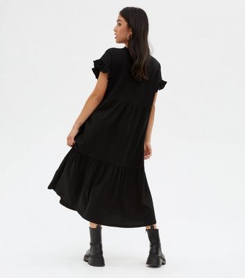 Petite Black Jersey Frill Tiered Midi Smock Dress | New Look