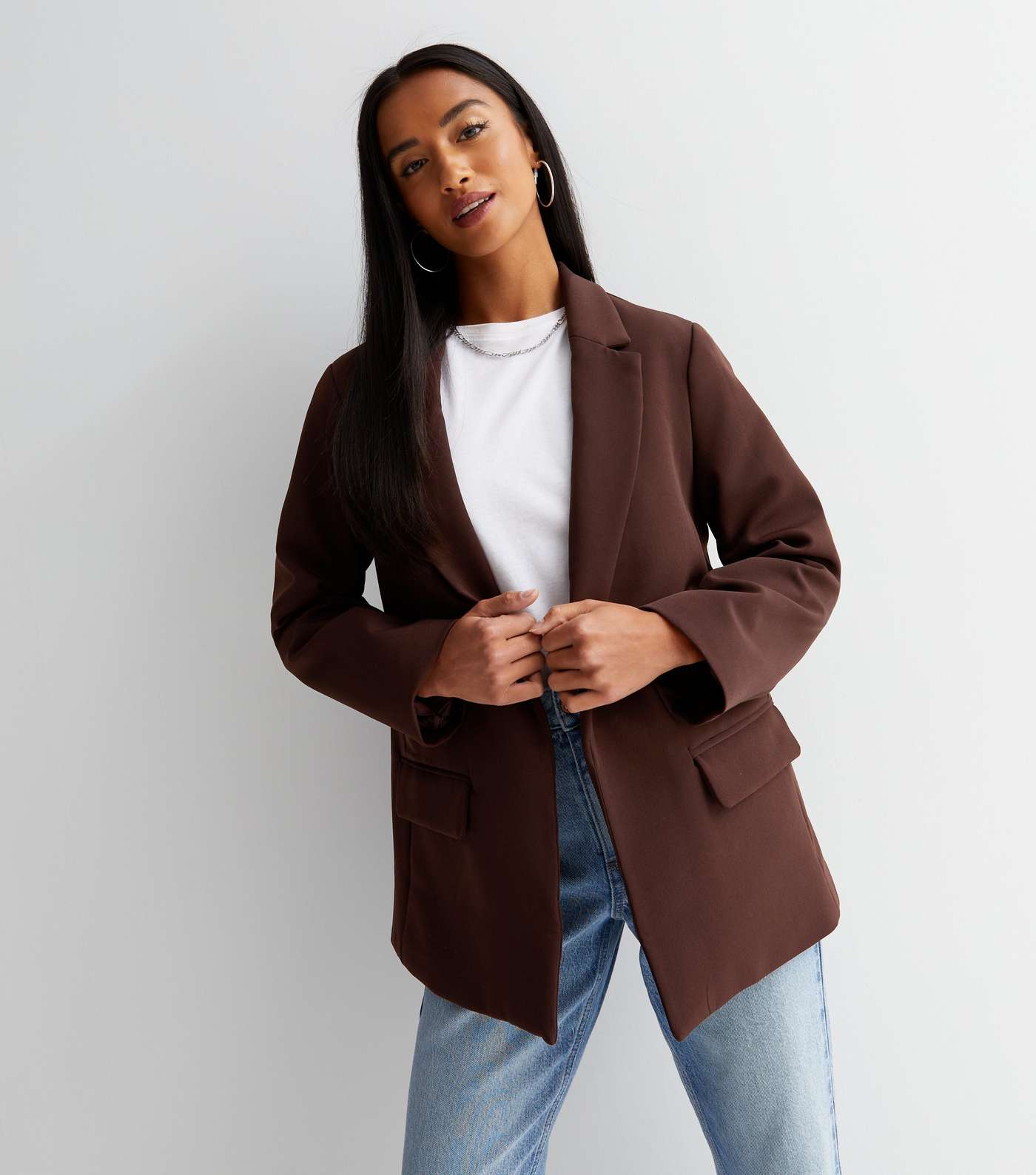 Petite Dark Brown Revere Relaxed Fit Blazer Image 2