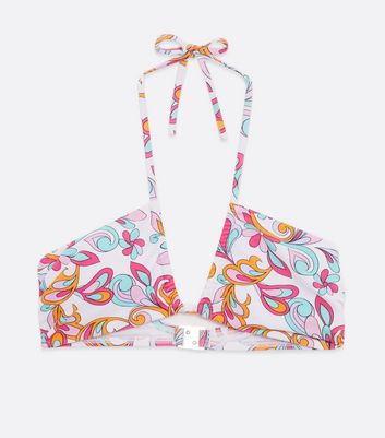 Click to view product details and reviews for White Abstract Floral Twist Halter Strap Bikini Top New Look.