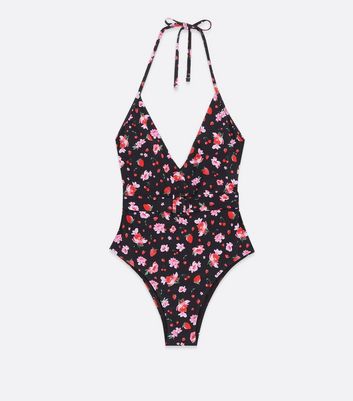 Black Floral Belted Halter Swimsuit New Look