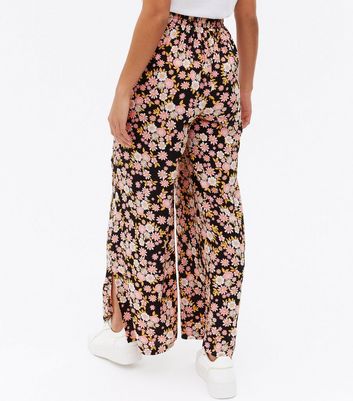 Petite Black Floral Split Hem Wide Leg 