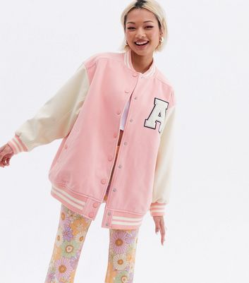 A Star Style Petite Pink Stripe Logo Bomber Jacket New Look