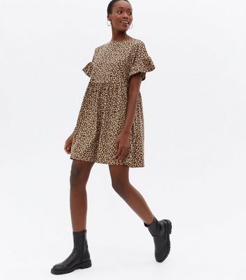 Tall Brown Leopard Print Jersey Mini Smock Dress New Look