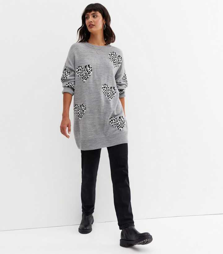 chesca Heart and Animal Print Turtleneck Jumper, Grey/Red at John Lewis &  Partners