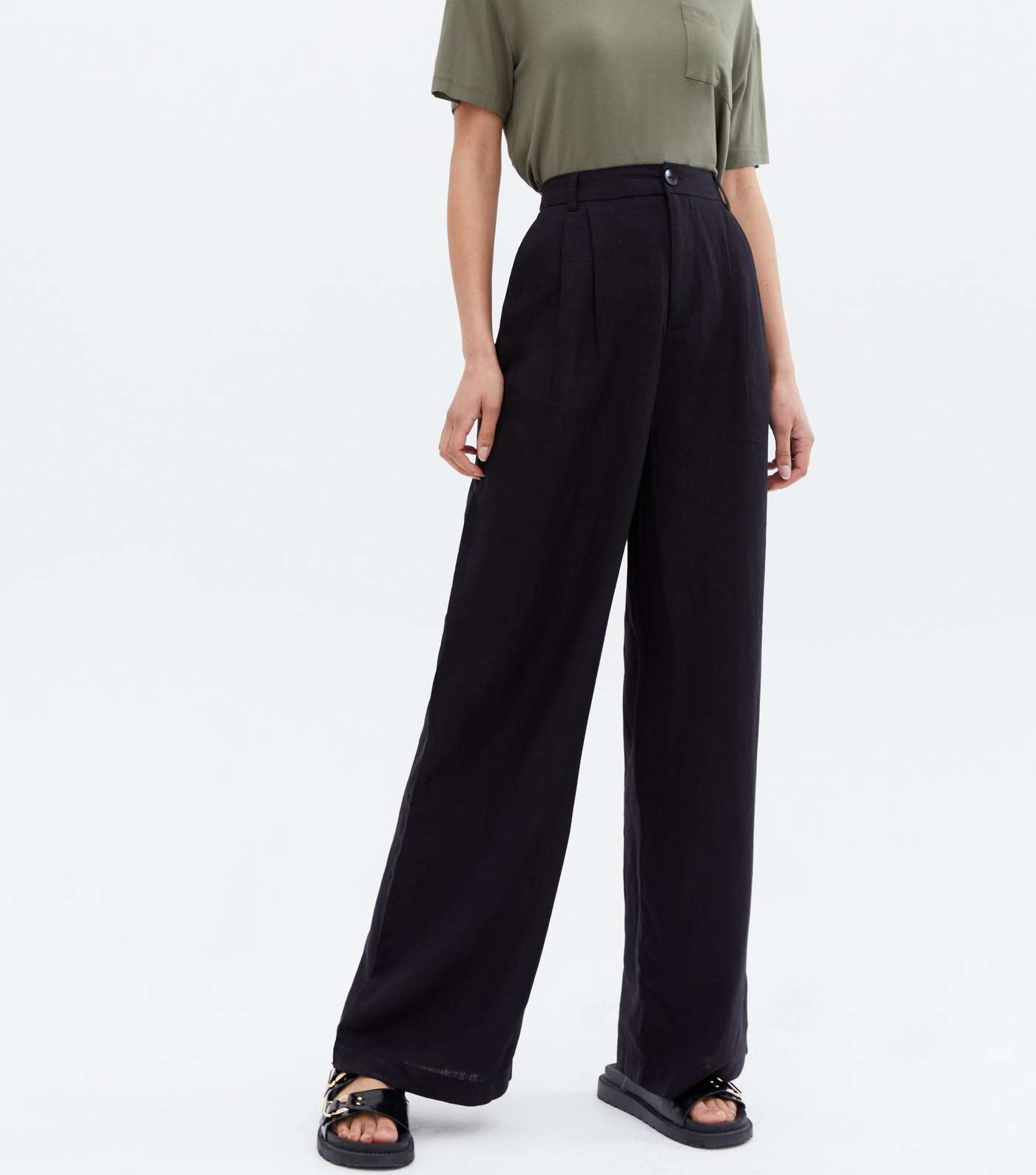 Tall Black Linen-Look Wide Leg Trousers Image 2
