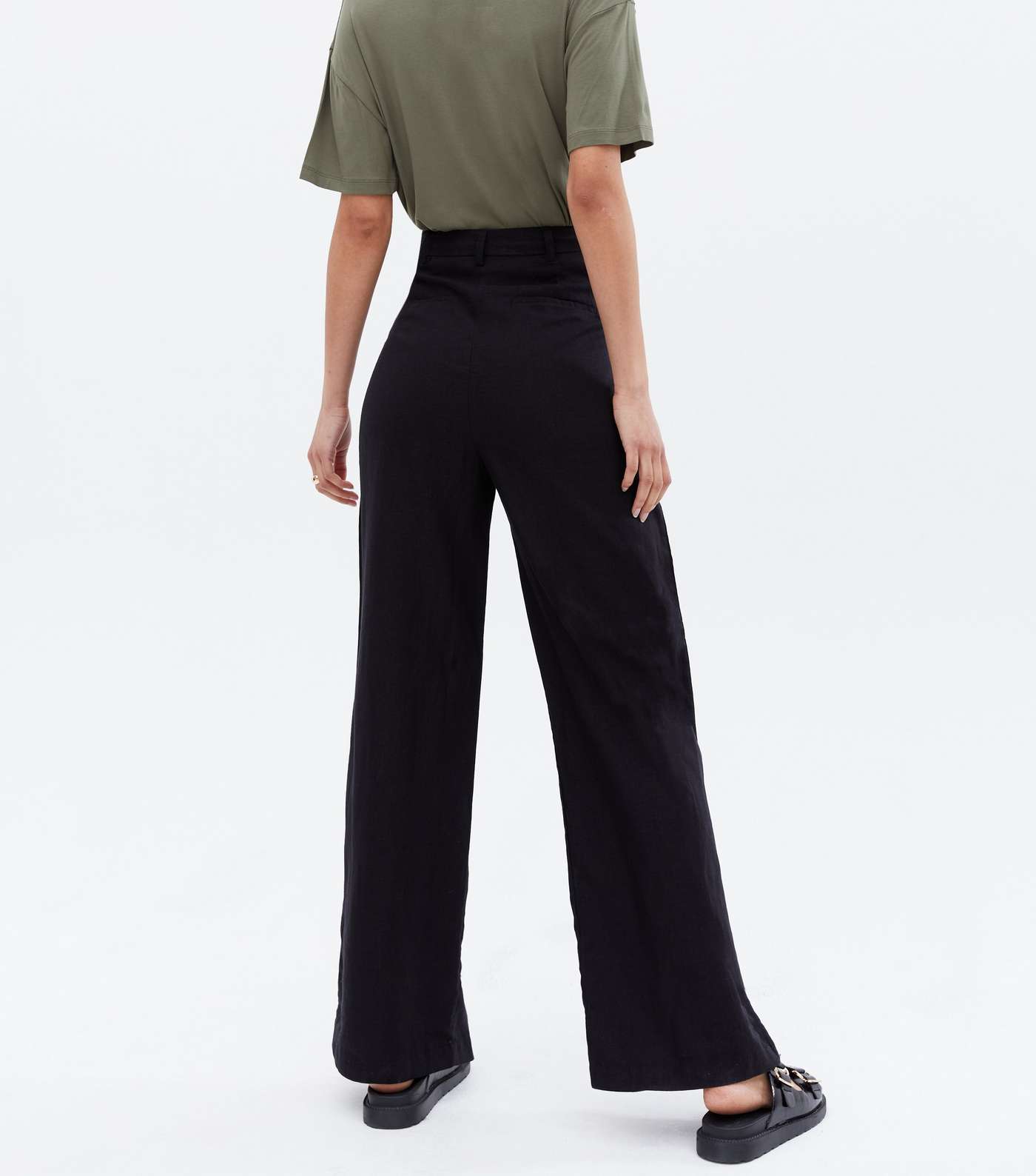 Tall Black Linen-Look Wide Leg Trousers Image 4