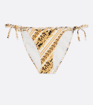 White Chain Print Tie Side Bikini Bottoms New Look